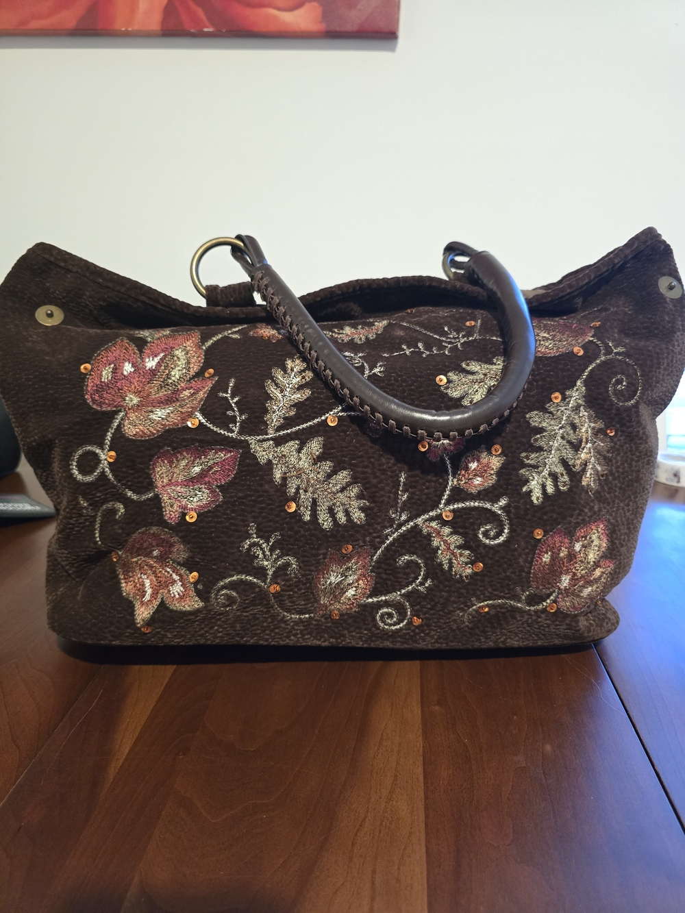 Bath & Body Works Embroidered Brown Floral Tote Bag with Accent Sequins, EUC!
